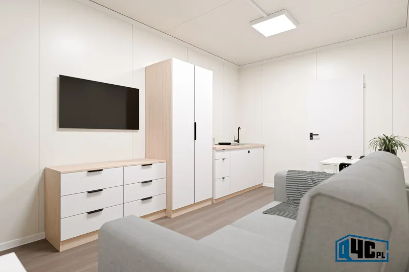 Kontener mieszkalny XL z łazienką i aneksem kuchennym - wnętrze tv kanapa