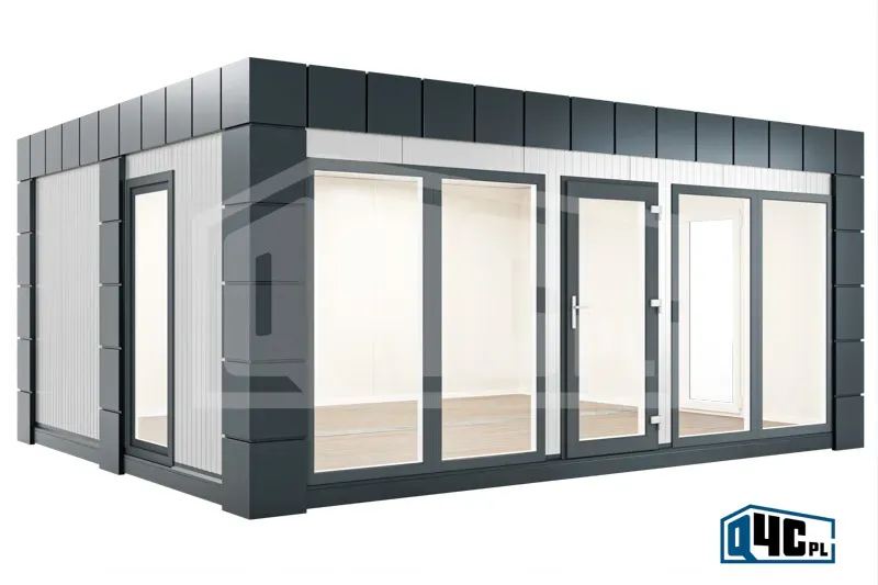 Kontener handlowy DUO z przeszklonym frontem (KH 2.1) - widok z lewej (RAL9006 + RAL7016)